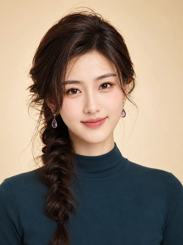 Portrait with a side braid and dark teal top